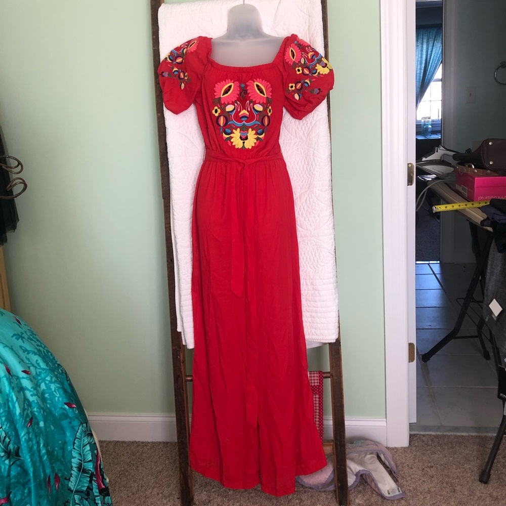 Beautiful red pant jumpsuit with embroidered blouse